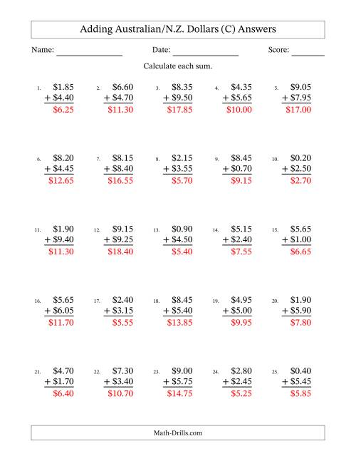 The Adding Australian/N.Z. Dollars With Amounts from 0.05 to 9.95 in Increments of Five Cents (C) Math Worksheet Page 2