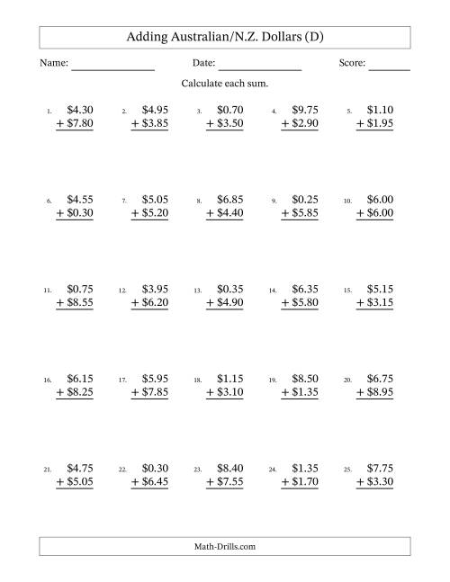 The Adding Australian/N.Z. Dollars With Amounts from 0.05 to 9.95 in Increments of Five Cents (D) Math Worksheet