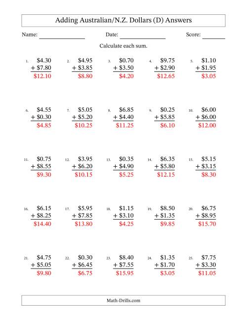 The Adding Australian/N.Z. Dollars With Amounts from 0.05 to 9.95 in Increments of Five Cents (D) Math Worksheet Page 2