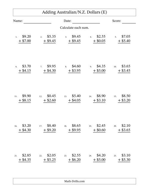 The Adding Australian/N.Z. Dollars With Amounts from 0.05 to 9.95 in Increments of Five Cents (E) Math Worksheet