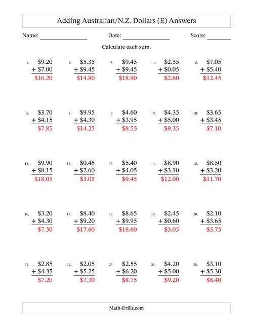 The Adding Australian/N.Z. Dollars With Amounts from 0.05 to 9.95 in Increments of Five Cents (E) Math Worksheet Page 2