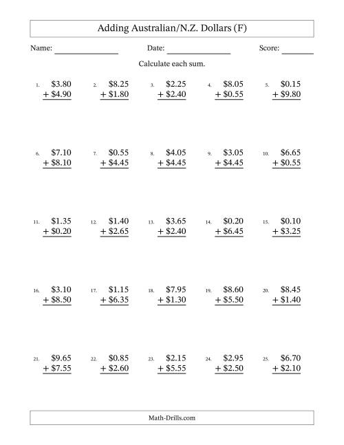 The Adding Australian/N.Z. Dollars With Amounts from 0.05 to 9.95 in Increments of Five Cents (F) Math Worksheet