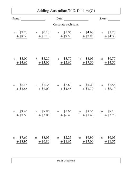 The Adding Australian/N.Z. Dollars With Amounts from 0.05 to 9.95 in Increments of Five Cents (G) Math Worksheet