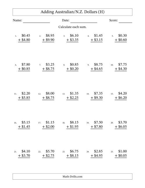 The Adding Australian/N.Z. Dollars With Amounts from 0.05 to 9.95 in Increments of Five Cents (H) Math Worksheet