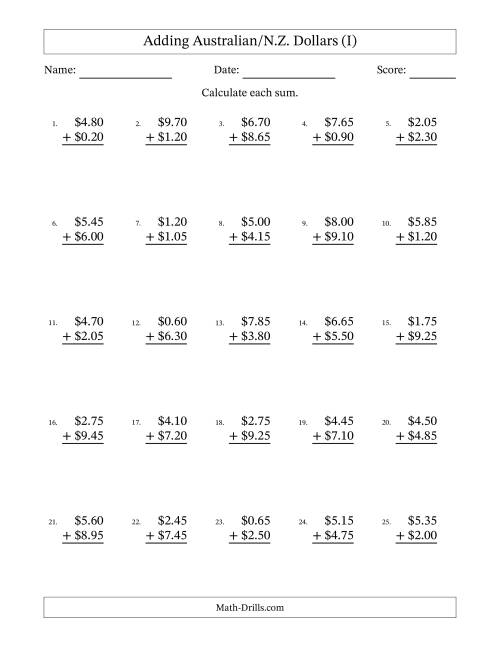 The Adding Australian/N.Z. Dollars With Amounts from 0.05 to 9.95 in Increments of Five Cents (I) Math Worksheet