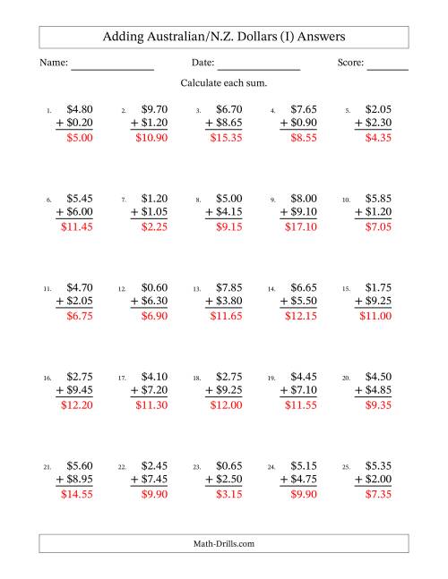 The Adding Australian/N.Z. Dollars With Amounts from 0.05 to 9.95 in Increments of Five Cents (I) Math Worksheet Page 2