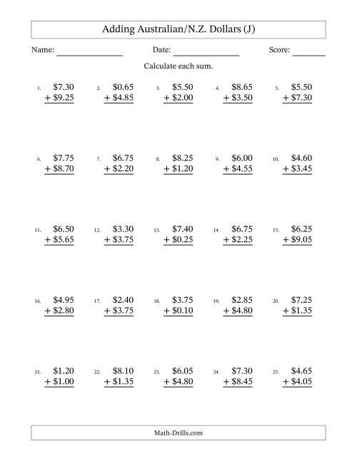 The Adding Australian/N.Z. Dollars With Amounts from 0.05 to 9.95 in Increments of Five Cents (J) Math Worksheet