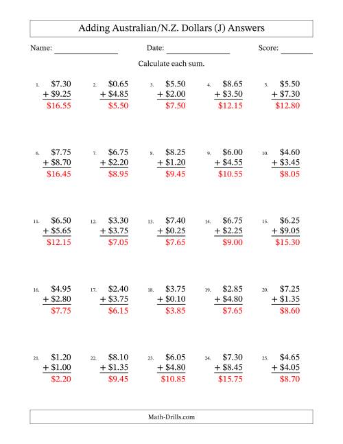 The Adding Australian/N.Z. Dollars With Amounts from 0.05 to 9.95 in Increments of Five Cents (J) Math Worksheet Page 2