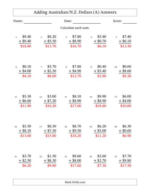 The Adding Australian/N.Z. Dollars With Amounts from 0.10 to 9.90 in Increments of Ten Cents (A) Math Worksheet Page 2