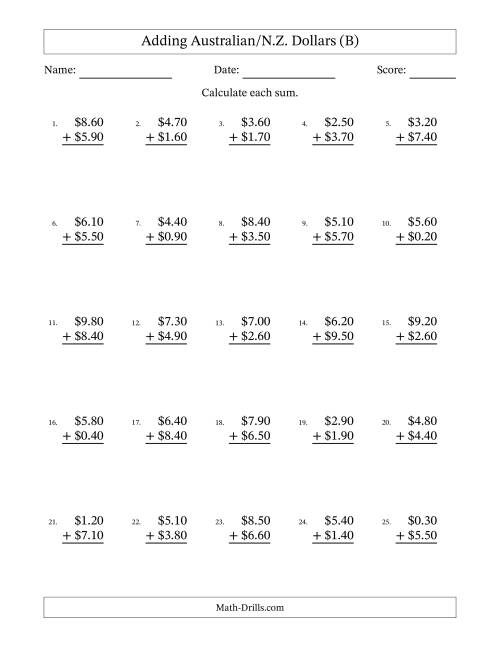 The Adding Australian/N.Z. Dollars With Amounts from 0.10 to 9.90 in Increments of Ten Cents (B) Math Worksheet