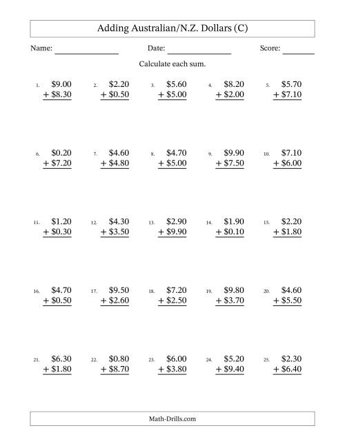 The Adding Australian/N.Z. Dollars With Amounts from 0.10 to 9.90 in Increments of Ten Cents (C) Math Worksheet