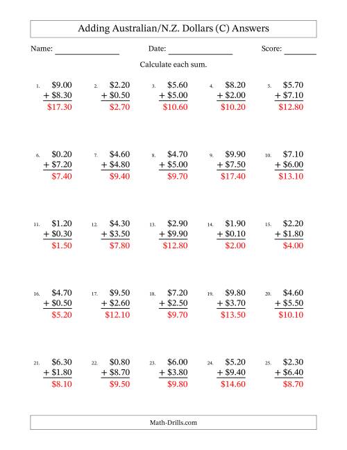 The Adding Australian/N.Z. Dollars With Amounts from 0.10 to 9.90 in Increments of Ten Cents (C) Math Worksheet Page 2