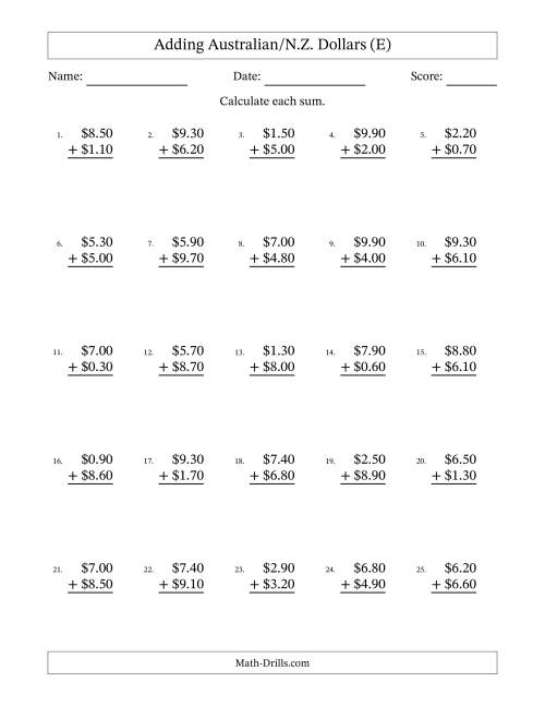 The Adding Australian/N.Z. Dollars With Amounts from 0.10 to 9.90 in Increments of Ten Cents (E) Math Worksheet