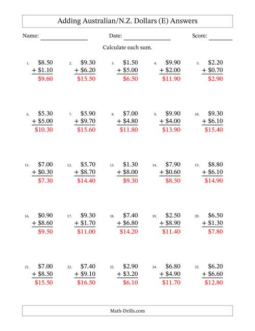 The Adding Australian/N.Z. Dollars With Amounts from 0.10 to 9.90 in Increments of Ten Cents (E) Math Worksheet Page 2