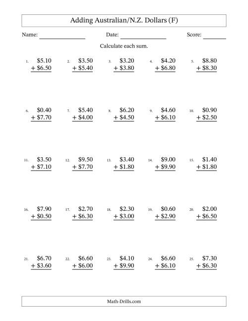 The Adding Australian/N.Z. Dollars With Amounts from 0.10 to 9.90 in Increments of Ten Cents (F) Math Worksheet