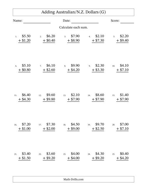 The Adding Australian/N.Z. Dollars With Amounts from 0.10 to 9.90 in Increments of Ten Cents (G) Math Worksheet