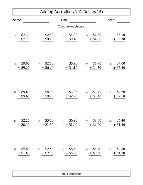 The Adding Australian/N.Z. Dollars With Amounts from 0.10 to 9.90 in Increments of Ten Cents (H) Math Worksheet