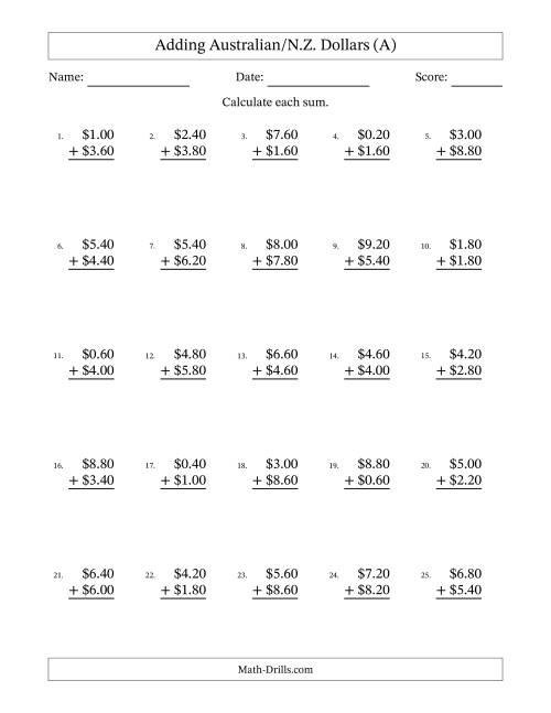 The Adding Australian/N.Z. Dollars With Amounts from 0.20 to 9.80 in Increments of Twenty Cents (A) Math Worksheet