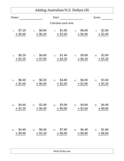 The Adding Australian/N.Z. Dollars With Amounts from 0.20 to 9.80 in Increments of Twenty Cents (B) Math Worksheet