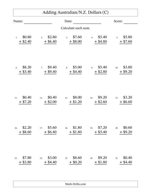 The Adding Australian/N.Z. Dollars With Amounts from 0.20 to 9.80 in Increments of Twenty Cents (C) Math Worksheet