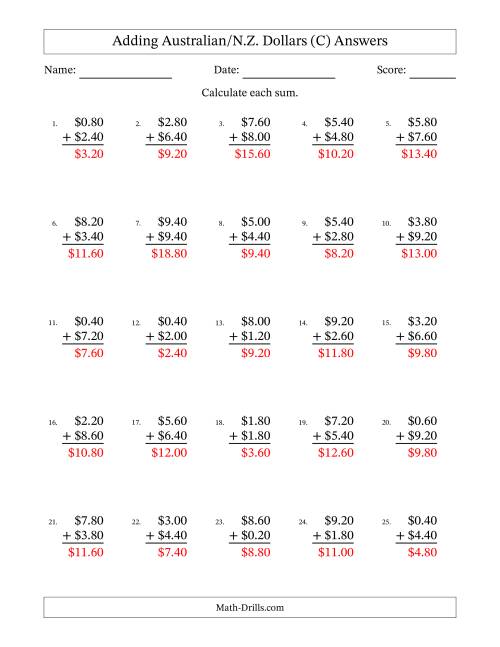 The Adding Australian/N.Z. Dollars With Amounts from 0.20 to 9.80 in Increments of Twenty Cents (C) Math Worksheet Page 2