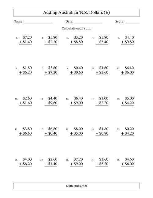 The Adding Australian/N.Z. Dollars With Amounts from 0.20 to 9.80 in Increments of Twenty Cents (E) Math Worksheet