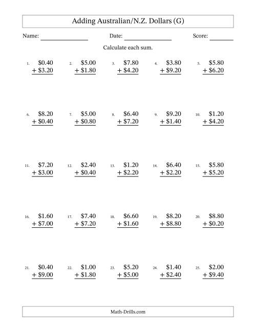 The Adding Australian/N.Z. Dollars With Amounts from 0.20 to 9.80 in Increments of Twenty Cents (G) Math Worksheet