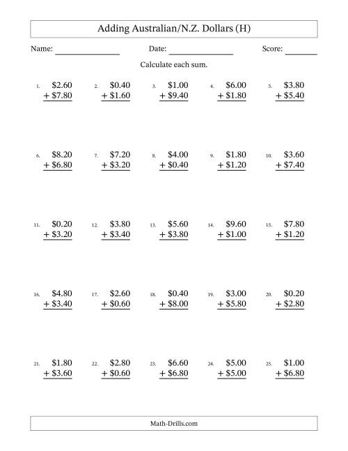 The Adding Australian/N.Z. Dollars With Amounts from 0.20 to 9.80 in Increments of Twenty Cents (H) Math Worksheet