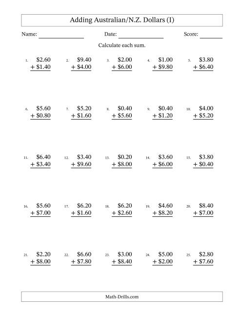 The Adding Australian/N.Z. Dollars With Amounts from 0.20 to 9.80 in Increments of Twenty Cents (I) Math Worksheet