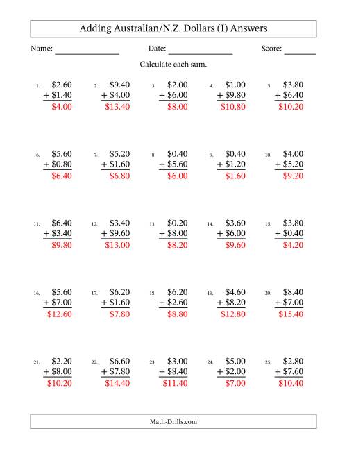 The Adding Australian/N.Z. Dollars With Amounts from 0.20 to 9.80 in Increments of Twenty Cents (I) Math Worksheet Page 2