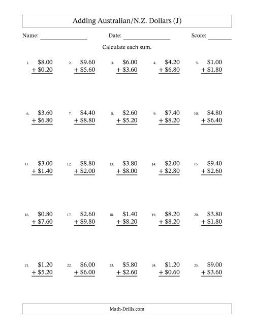 The Adding Australian/N.Z. Dollars With Amounts from 0.20 to 9.80 in Increments of Twenty Cents (J) Math Worksheet