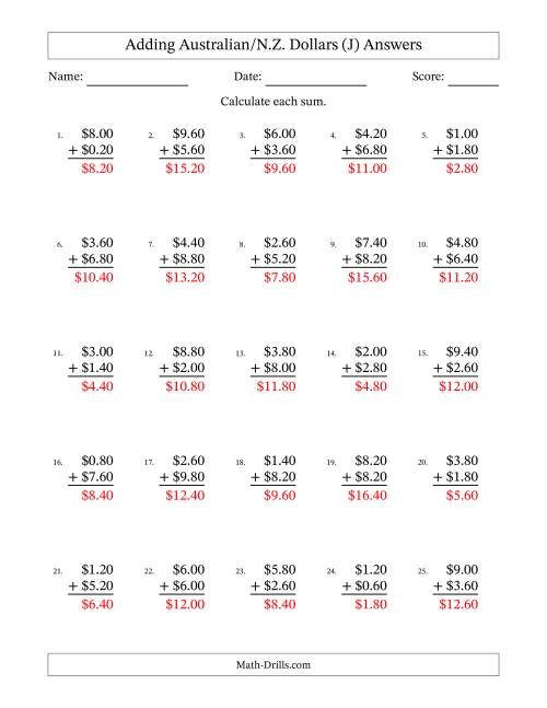 The Adding Australian/N.Z. Dollars With Amounts from 0.20 to 9.80 in Increments of Twenty Cents (J) Math Worksheet Page 2