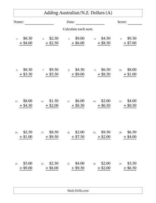 The Adding Australian/N.Z. Dollars With Amounts from 0.50 to 9.50 in Increments of Fifty Cents (A) Math Worksheet