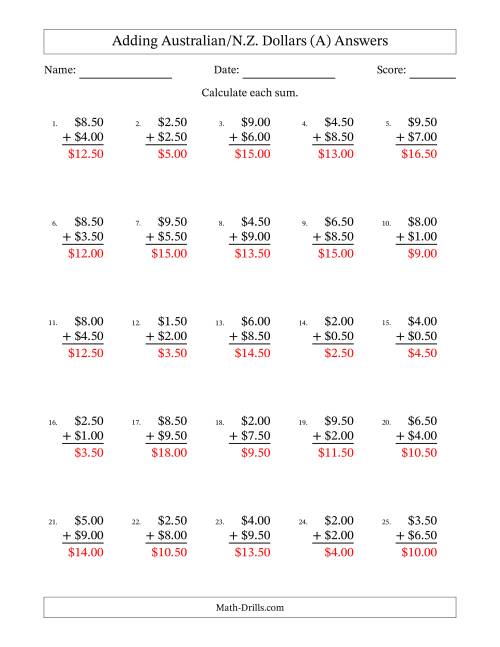 The Adding Australian/N.Z. Dollars With Amounts from 0.50 to 9.50 in Increments of Fifty Cents (A) Math Worksheet Page 2