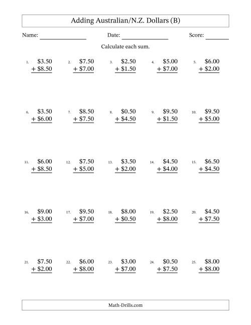 The Adding Australian/N.Z. Dollars With Amounts from 0.50 to 9.50 in Increments of Fifty Cents (B) Math Worksheet