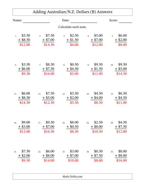 The Adding Australian/N.Z. Dollars With Amounts from 0.50 to 9.50 in Increments of Fifty Cents (B) Math Worksheet Page 2