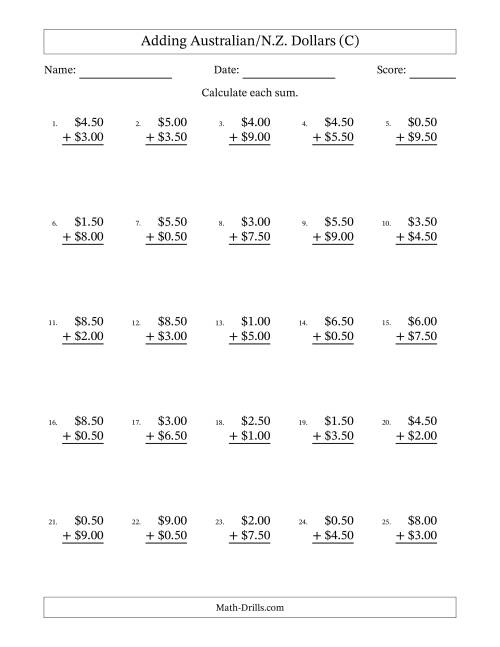 The Adding Australian/N.Z. Dollars With Amounts from 0.50 to 9.50 in Increments of Fifty Cents (C) Math Worksheet