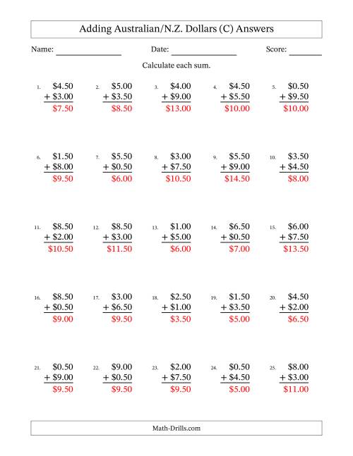 The Adding Australian/N.Z. Dollars With Amounts from 0.50 to 9.50 in Increments of Fifty Cents (C) Math Worksheet Page 2