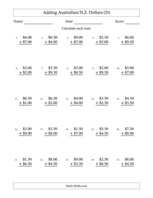 The Adding Australian/N.Z. Dollars With Amounts from 0.50 to 9.50 in Increments of Fifty Cents (D) Math Worksheet