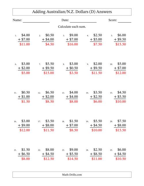 The Adding Australian/N.Z. Dollars With Amounts from 0.50 to 9.50 in Increments of Fifty Cents (D) Math Worksheet Page 2