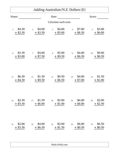 The Adding Australian/N.Z. Dollars With Amounts from 0.50 to 9.50 in Increments of Fifty Cents (E) Math Worksheet