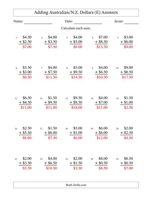 The Adding Australian/N.Z. Dollars With Amounts from 0.50 to 9.50 in Increments of Fifty Cents (E) Math Worksheet Page 2