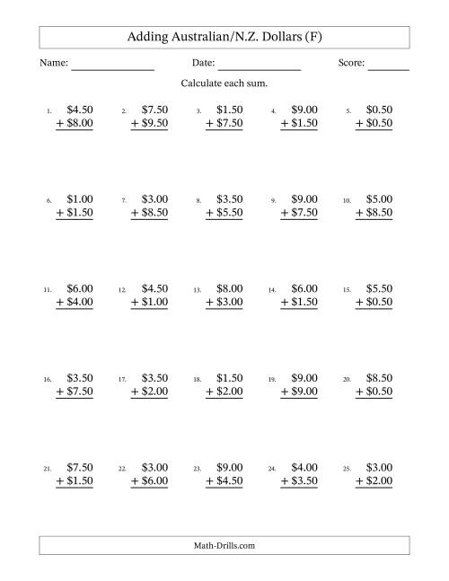 The Adding Australian/N.Z. Dollars With Amounts from 0.50 to 9.50 in Increments of Fifty Cents (F) Math Worksheet