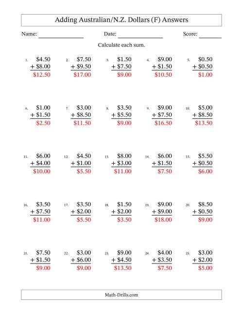 The Adding Australian/N.Z. Dollars With Amounts from 0.50 to 9.50 in Increments of Fifty Cents (F) Math Worksheet Page 2