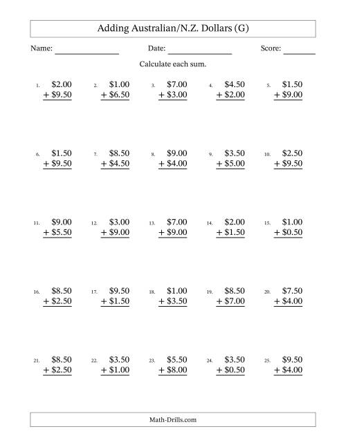 The Adding Australian/N.Z. Dollars With Amounts from 0.50 to 9.50 in Increments of Fifty Cents (G) Math Worksheet