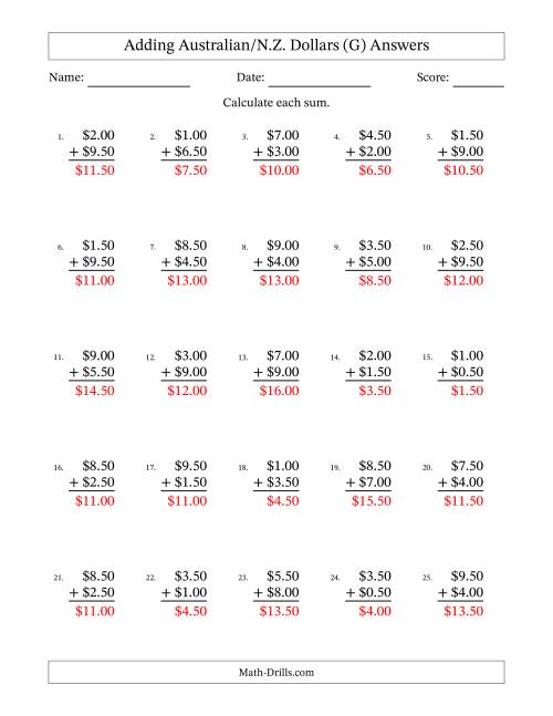 The Adding Australian/N.Z. Dollars With Amounts from 0.50 to 9.50 in Increments of Fifty Cents (G) Math Worksheet Page 2