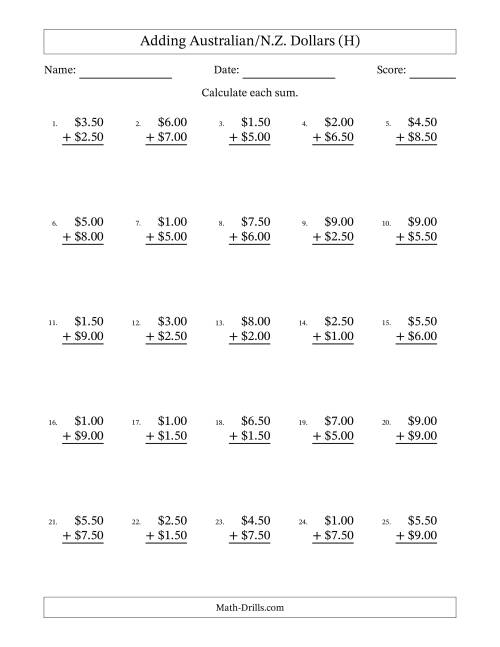 The Adding Australian/N.Z. Dollars With Amounts from 0.50 to 9.50 in Increments of Fifty Cents (H) Math Worksheet