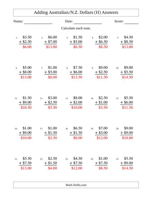 The Adding Australian/N.Z. Dollars With Amounts from 0.50 to 9.50 in Increments of Fifty Cents (H) Math Worksheet Page 2