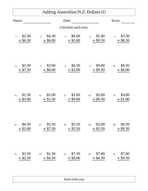 The Adding Australian/N.Z. Dollars With Amounts from 0.50 to 9.50 in Increments of Fifty Cents (I) Math Worksheet