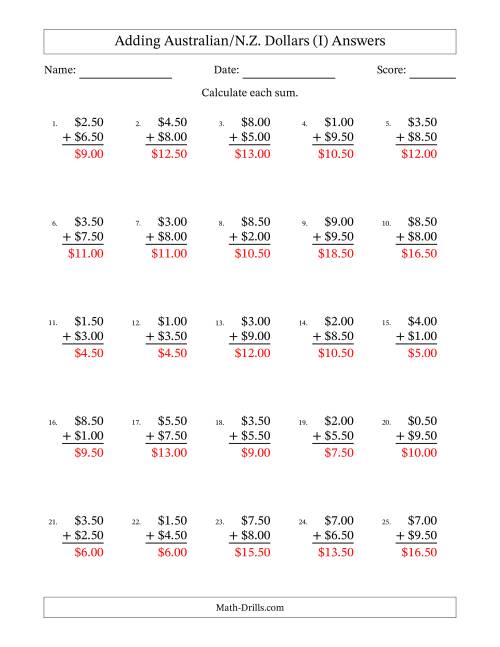 The Adding Australian/N.Z. Dollars With Amounts from 0.50 to 9.50 in Increments of Fifty Cents (I) Math Worksheet Page 2